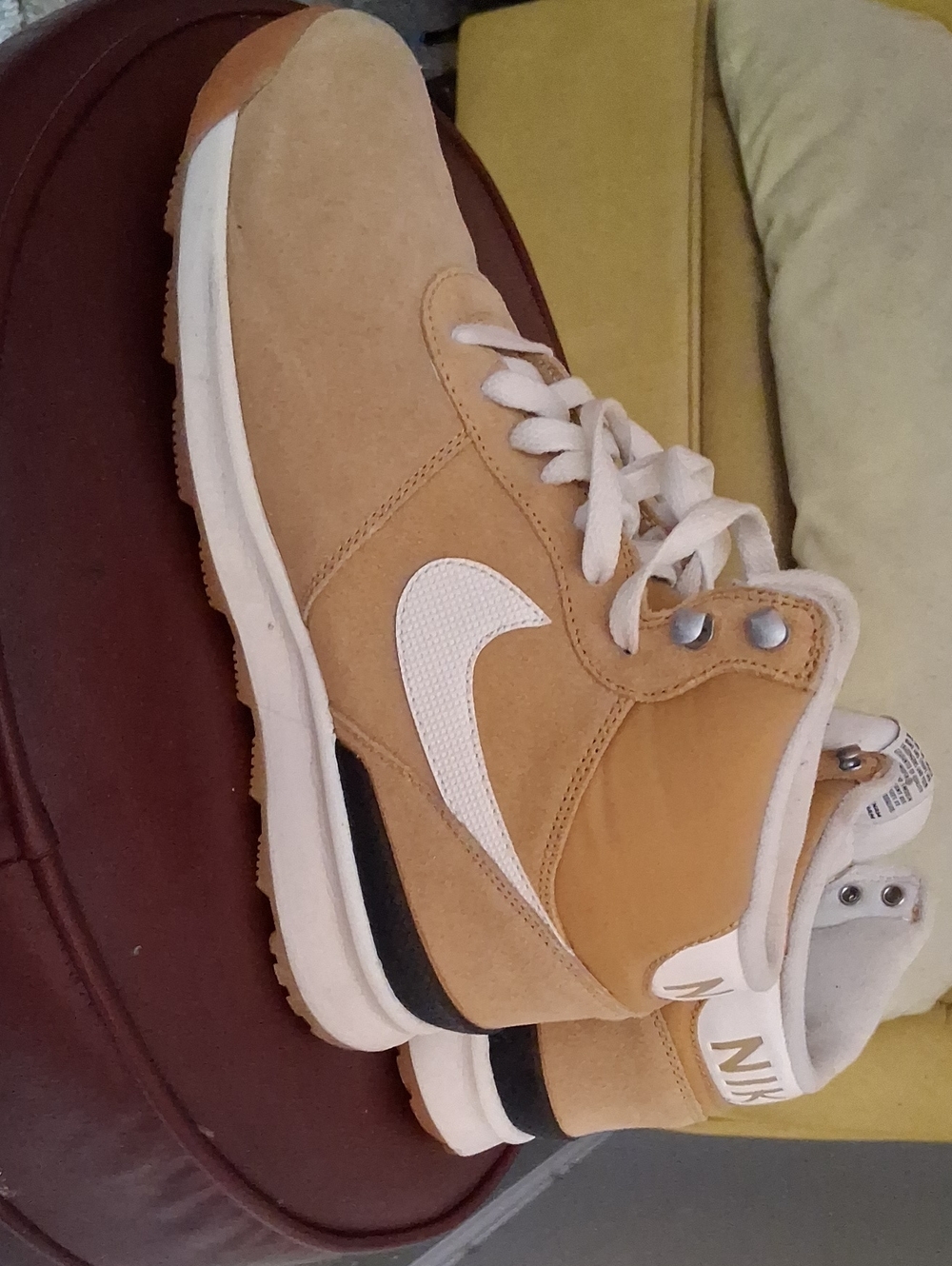 Nike Men’s Tan Suede Mid-Top Sneakers with White Swoosh